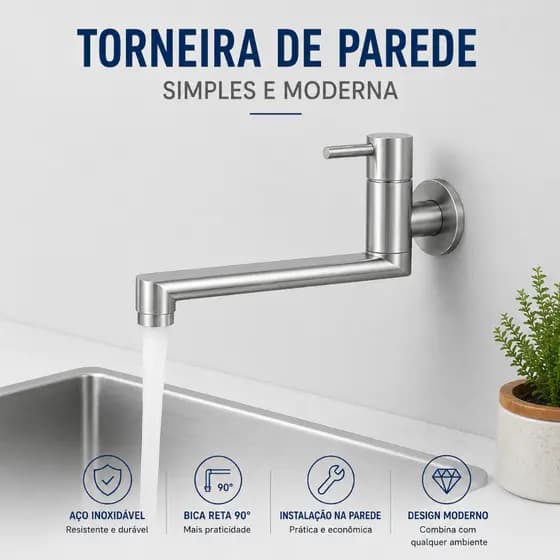 Torneira Parede Essenza Latão Premium 360° Giratória Articulada Cozinha Tanque Banheiro Cromad