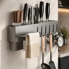 Suporte Organizador Cozinha Parede 6 Ganchos Porta Utensílios Talheres Toalha Metal Cinza Funcional