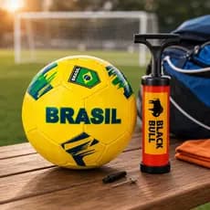 Kit Bola Futebol Brasil Nº 5 Amarela + Bomba Manual com Bico para Treino e Recreação Infantil Jogo