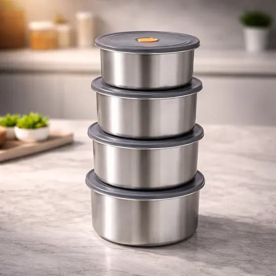 Kit Conjunto 4 Potes Herméticos Inox 450ml Redondo Marmita Lanche Cozinha Geladeira