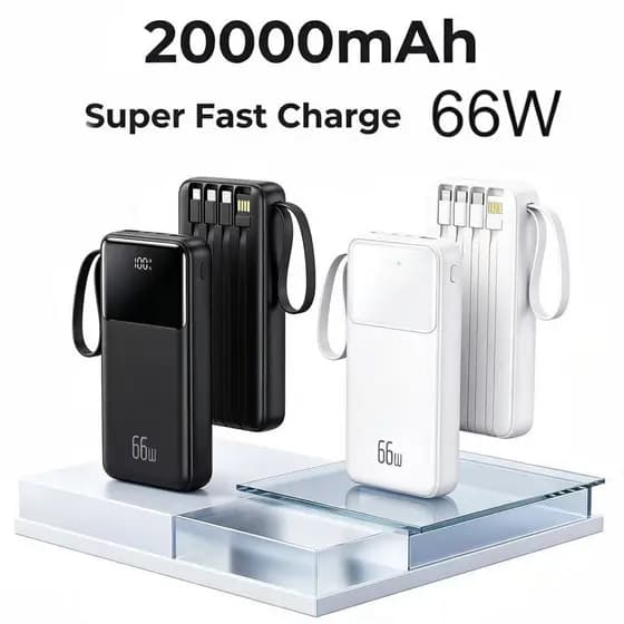 Bateria Externa Power Bank 20000mAh 66W Carregamento Rápido Com 4 Cabos Integrados Display Digital-elite