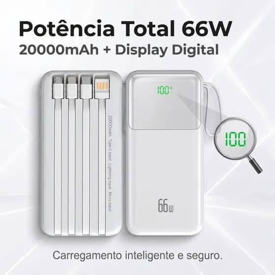 Power Bank 20000mAh 66W Carregamento Super Rápido Display Digital 4 Cabos Integrados Bateria Externa Universal