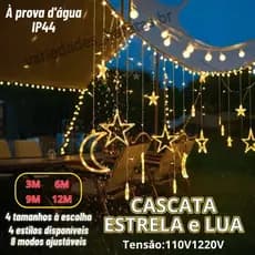 Pisca Pisca Fio de Fada LED com Cascata de Luzes Estrela e Lua - Cortina de Luzes com 8 Modos