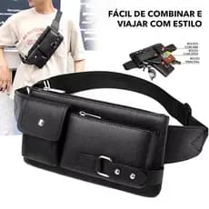 Bolsa De Cintura Masculina De Couro PU Preta casual Para Viagem Ao Ar Livre