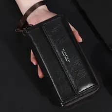 Carteira longa com zíper duplo, bolsa masculina para celular PU de grande capacidade