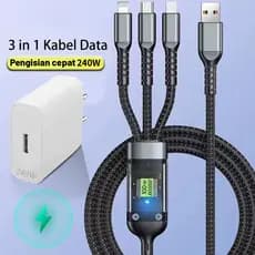 Cabo De Carregamento Rápido Tipo C USB iPhone 240W Carregador Turbo 3 Em 1 Display Digital Android