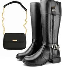 Kit Elegância Preta: Bota Cano Alto + Bolsa com Corrente – Sofisticação que Impressiona