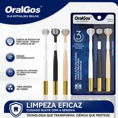OralGos Escova Triple Ação, 3 em 1, Raspador de Língua - Kit 3 Unidades
