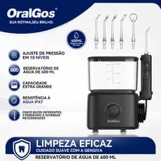 ORALGOS Irrigador Oral , 600ml, 10 Níveis, Pulse Wave, 2 Cores - Preto/Branco