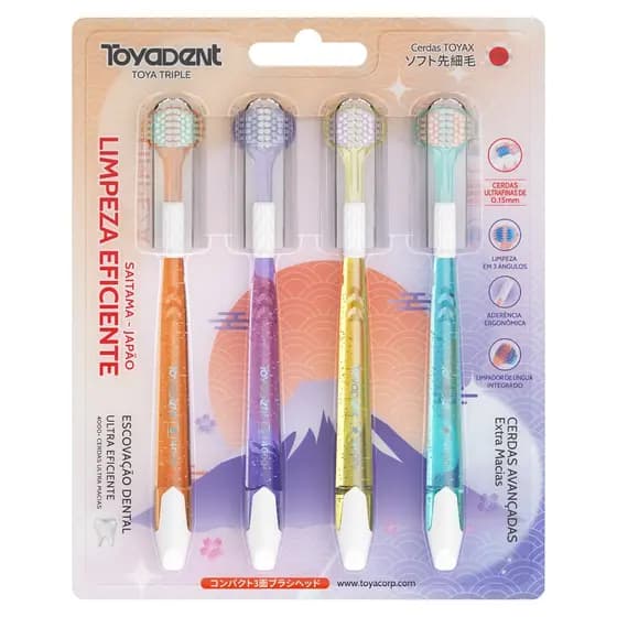 Escova Dental 3D ToyaDent – Limpeza em 3 Faces + Limpador de Língua – 4 Unidades!
