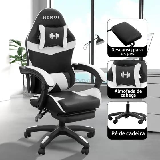 Cadeira Gamer  Ergonômica, Ajustável, Pé Descanso, 4 Cores - Preto/Verde/Azul/Vermelho