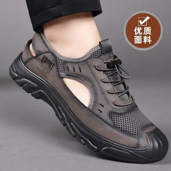 Sandálias Masculinas 2025 em Couro Superfibra, Sapatos Casuais Slip-On Respiráveis e Leves, Sapatos Masculinos de Bico F