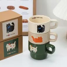 Caneca de cachorrinho de desenho animado, caneca de café empilhável para casal no café da manhã, cerâmica fofa com alto