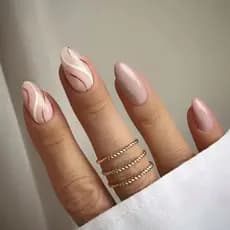 Unhas postiças removíveis em formato de amêndoa, cor nude com linhas brancas, versáteis e elegantes, conjunto de 24 peça
