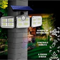 Refletor Solar 122 LEDs com Sensor de Movimento e 3 Cabeças Ajustáveis, Luz Branco Frio Super Brilhante para Jardim, Gar