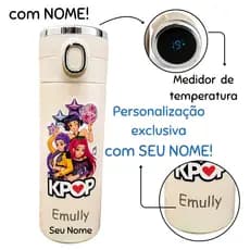 Garrafa Térmica INOX Com NOME Personalizada GUERREIRAS DO K-POP Termômetro Digita e Trava de Segurança  Escolar Infantil