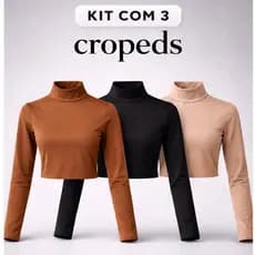 Kit Com 3 Cropped Manga Longa Suplex Com Gola Alta Elasticidade
