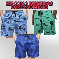 Kit Com 3 Bermudas Masculina Em Cores Sortidas Estampa Coqueiro Em Tactel Grosso Ideal Para Exercicios  Praia Verão