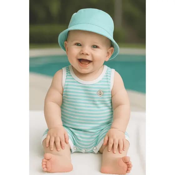 Banho de Sol Macacão Regata Bebê Listrado Azul Verão Fresquinho