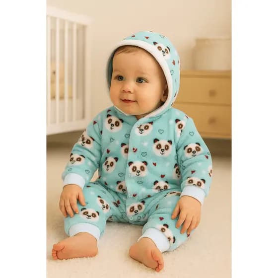 Macacão Fleece Bebê Inverno com Capuz e Estampa Pandas | Bebê a 3 Anos