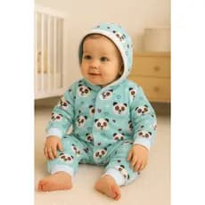 Macacão Fleece Bebê Inverno com Capuz e Estampa Pandas | Bebê a 3 Anos
