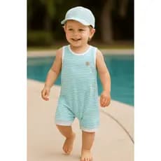 Banho de Sol Macacão Regata Infantil Listrado Azul Verão Fresquinho