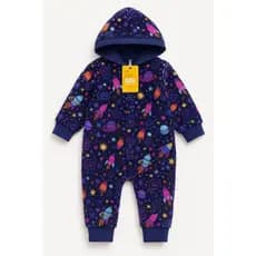 Macacão Fleece Quentinho Para Menina com Capuz  Estampa Espacial Azul Marinho | Bebê e Infantil