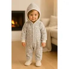Macacão Fleece Quentinho Para Menina com Capuz e Estampa Ursinhas Cinza | Bebê e Infantil