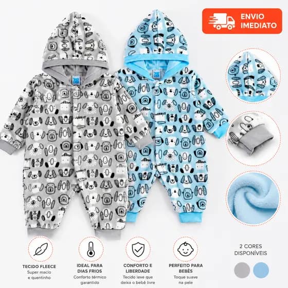 Macacão Pelúcia Fleece Bebê E Infantil Com Capuz Roupa De Frio Quentinha Inverno Estampa Pets 0-3