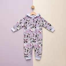 Macacão Quentinho Menina Infantil Inverno Fleece Estampa Panda Love Bailarina Lilás com Capuz