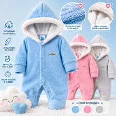 Macacão Bebê Com Capuz Plush Premium Peluciado Inverno 0-6 Mês Super Macio, Quentinho e Confortável