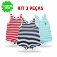 KIT 3 PEÇAS Banho de Sol Macacão Regata Romper Bebê e Primeiros Passos Leve Fresquinho Verão Náutico