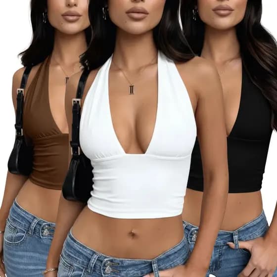 Kit 3 Cropped Feminino Halter Decote Profundo Multiformas Amarração