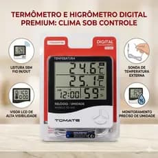 Higrômetro Digital com Termômetro Interno Externo Relógio LCD Sensor com Cabo Para Ambientes