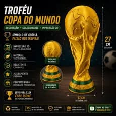 Taça Copa do Mundo FIFA , 27 cm e 17 cm – Impressão 3D • Decoração Futebol • Presente Criativo