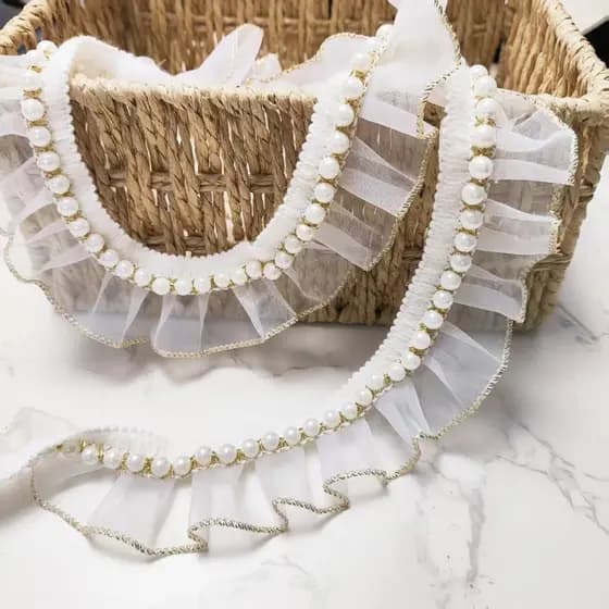 Renda franzida com contas e fio dourado estilo palaciano para DIY, acessórios de renda para casacos femininos, chapéus,