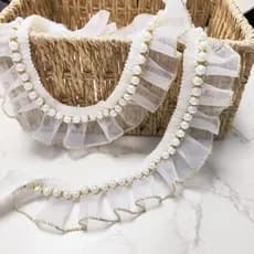 Renda franzida com contas e fio dourado estilo palaciano para DIY, acessórios de renda para casacos femininos, chapéus,