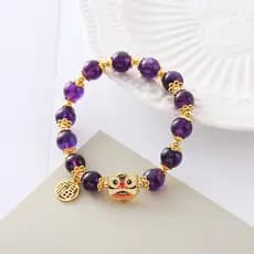 Pulseira de Ametista Natural com Design Único, Estilo Étnico Vintage, Amuleto da Sorte, Pulseira Artesanal com Contas "D
