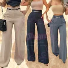 Calça Pantalona Alfaiataria Feminina Cintura Alta com Cinto Elegante Social