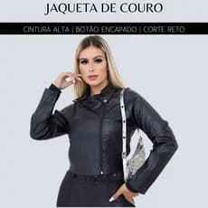 Jaqueta Couro Sintético Feminina com Zíper e Bolsos Casual Moderna Inverno