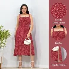 Vestido Midi Floral Fenda Frontal Laço Decote Disponivel no M e G - Feito do Tecido Duna Alça Grossa