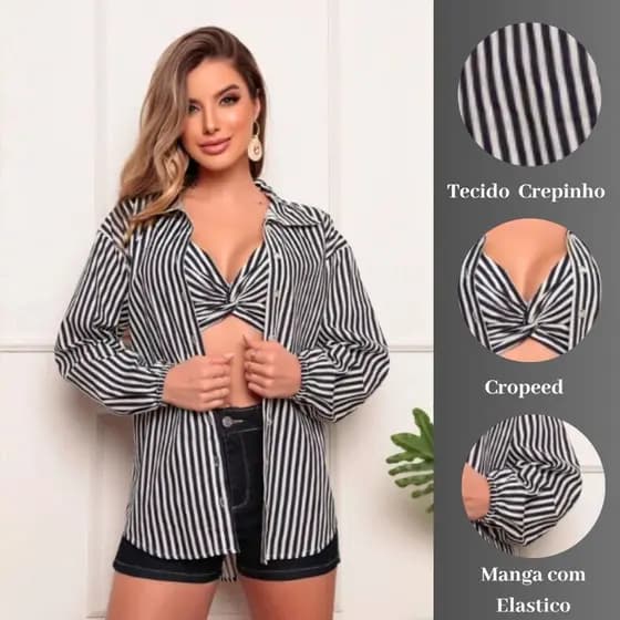 Conjunto Feminino Listrado Cropped + Camisa Crepe Duna com Botões Casual Elegante Verão