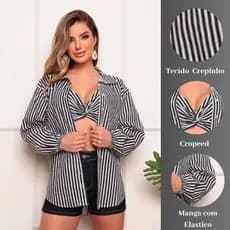 Conjunto Feminino Listrado Cropped + Camisa Crepe Duna com Botões Casual Elegante Verão