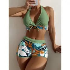 Maiô feminino dividido cintura alta Boxer com cadarço estampado rede de costura de cor sólida