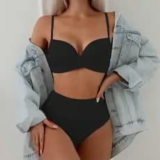 biquíni preto, canelado/ribbed, top cruzado, cintura alta, decote v, modelador