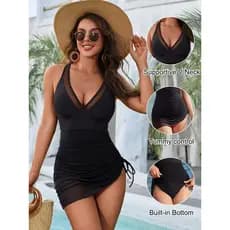 Conjunto Maiô + Saída de Praia 2 Peças Preto, Decote V com Tule, Modelador e Sensual