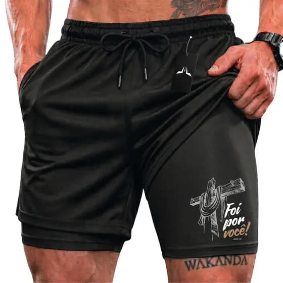 Bermuda 2 em 1 Cristã Gospel Foi Por Você Short Duplo Masculino Academia Treino Crossfit Corrida Esportiva