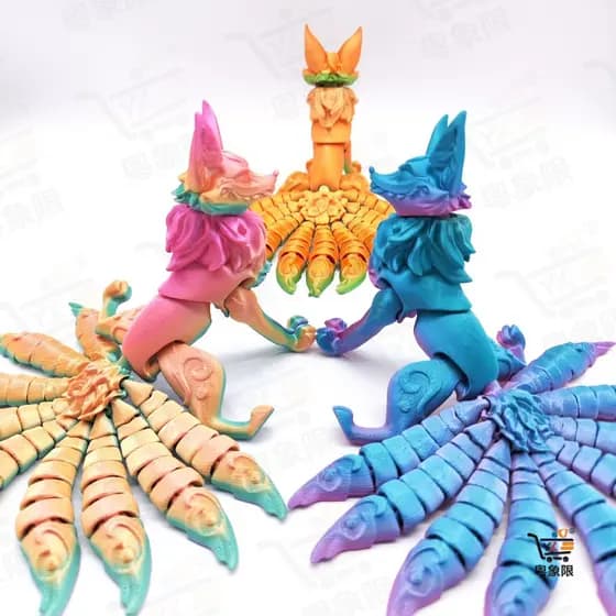 Raposa de Nove Caudas 3D Articulada – Escultura Mística para Colecionadores de Mitologia Oriental