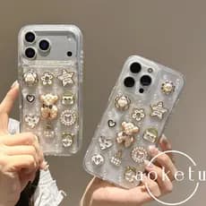 Luxo Tridimensional Pérola Ursinho Estrela De Cinco Pontas Capa De Telefone Adequada Para iPhone 11 12 13 14 15 16 17 Pr