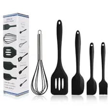 Kit Culinario Conjunto de Utensílios de Silicone 5 Peças Espátula /Pinça Pegador De Alimentos /Pincel /Fouet Fue - Preto